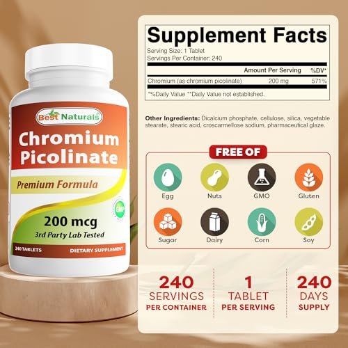 Best Naturals Chrompicolinat Tabletten, 200 mcg, 240 Stück – Hochdosiertes Chrom für den Stoffwechsel