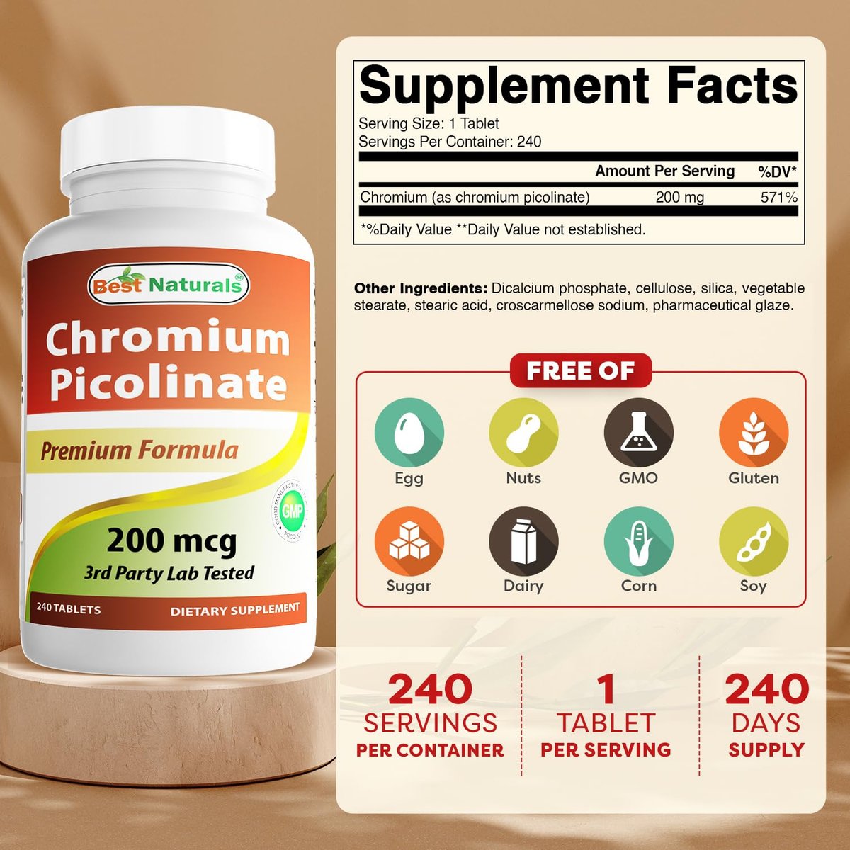 Best Naturals Chrompicolinat Tabletten, 200 mcg, 240 Stück – Hochdosiertes Chrom für den Stoffwechsel