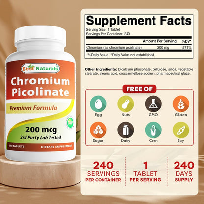 Best Naturals Chrompicolinat Tabletten, 200 mcg, 240 Stück – Hochdosiertes Chrom für den Stoffwechsel