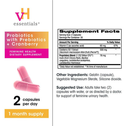 vH essentials Probiotika mit Präbiotika und Cranberry für die weibliche Gesundheit - 60 Kapseln