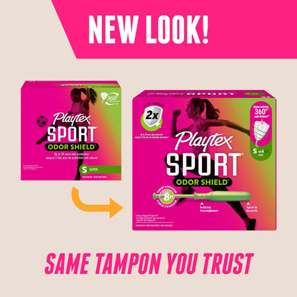 Playtex Sport Odor Shield Tampons Super Absorbency, Ungeliefert – 32 Stück | Supersaugfähige Tampons für Frauen, Damenhygiene mit 360-Grad-Auslaufschutz und Geruchskontrolle
