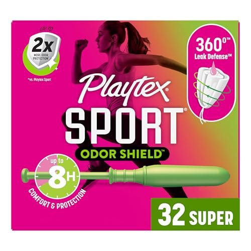 Playtex Sport Odor Shield Tampons Super Absorbency, Ungeliefert – 32 Stück | Supersaugfähige Tampons für Frauen, Damenhygiene mit 360-Grad-Auslaufschutz und Geruchskontrolle