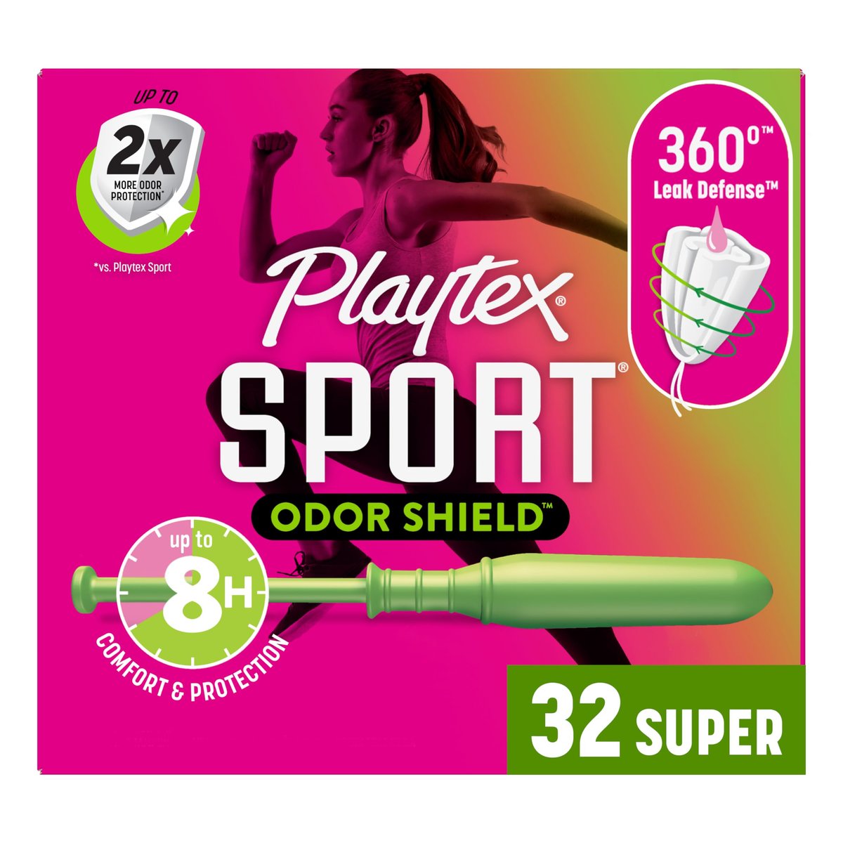 Playtex Sport Odor Shield Tampons Super Absorbency, Ungeliefert – 32 Stück | Supersaugfähige Tampons für Frauen, Damenhygiene mit 360-Grad-Auslaufschutz und Geruchskontrolle