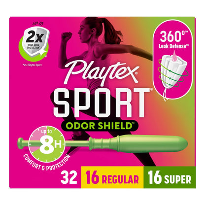 Playtex Sport Odor Shield Tampons Multipack (16x Regular/16x Super), 32 Stück – Geruchsneutral, Damenhygiene mit 360-Leak-Defense