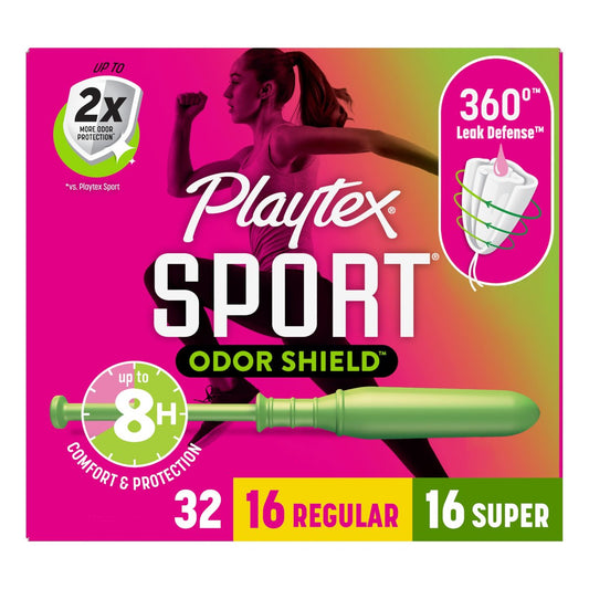 Playtex Sport Odor Shield Tampons Multipack (16x Regular/16x Super), 32 Stück – Geruchsneutral, Damenhygiene mit 360-Leak-Defense