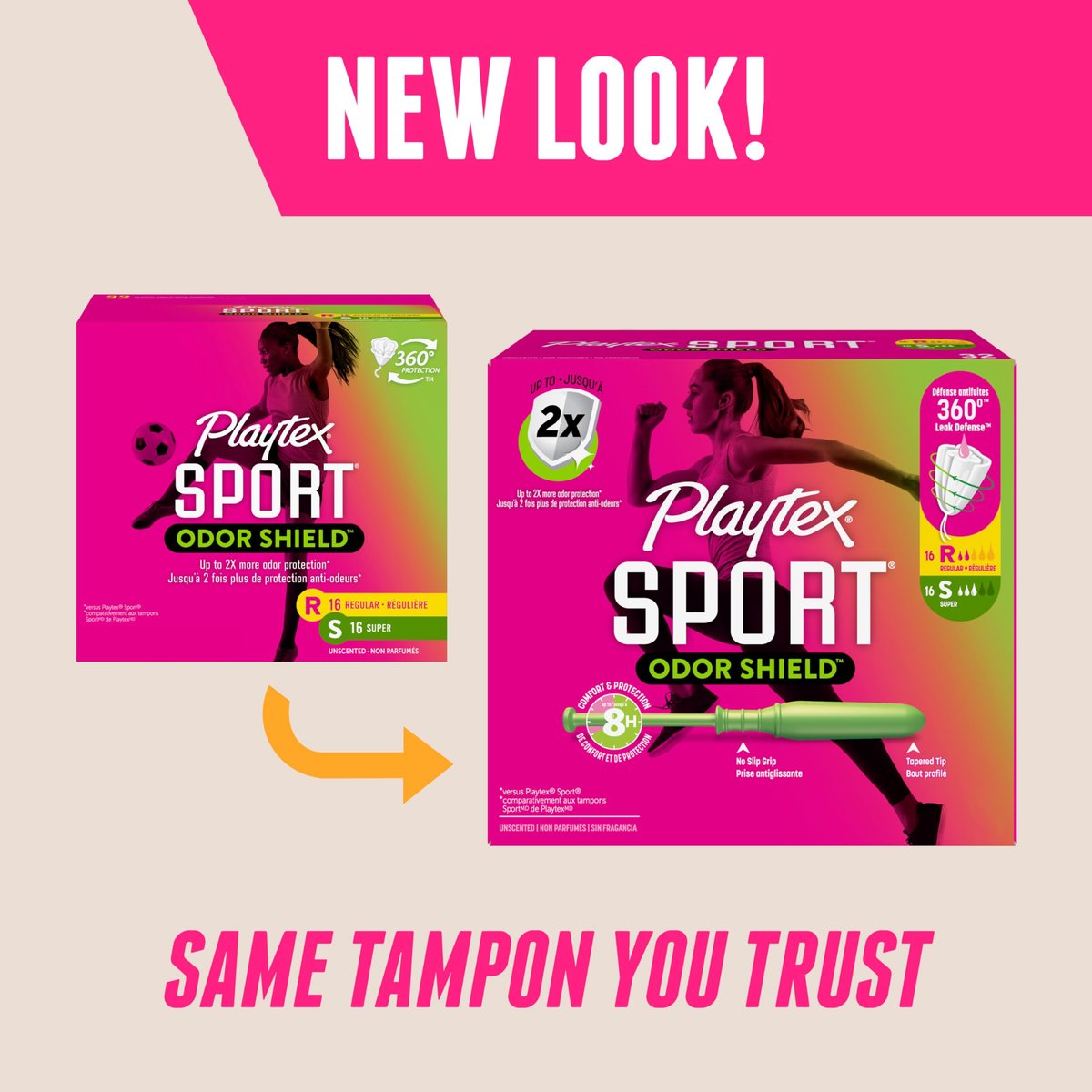 Playtex Sport Odor Shield Tampons Multipack (16x Regular/16x Super), 32 Stück – Geruchsneutral, Damenhygiene mit 360-Leak-Defense