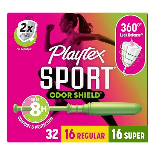 Playtex Sport Odor Shield Tampons Multipack (16x Regular/16x Super), 32 Stück – Geruchsneutral, Damenhygiene mit 360-Leak-Defense