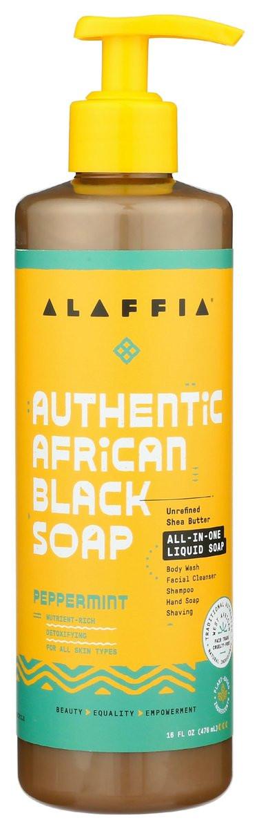 Alaffia Authentic African Black Soap – All-in-One Körperwäsche, Shampoo & Rasierseife, Fair Trade, ohne Parabene, ohne SLS, Pfefferminz, 16 Unzen