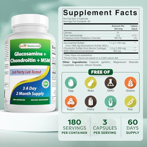 Best Naturals Glucosamin Chondroitin MSM (Non-GMO) – Fördert die Gelenkgesundheit – 180 Kapseln