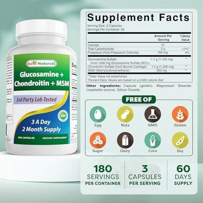 Best Naturals Glucosamin Chondroitin MSM (Non-GMO) – Fördert die Gelenkgesundheit – 180 Kapseln
