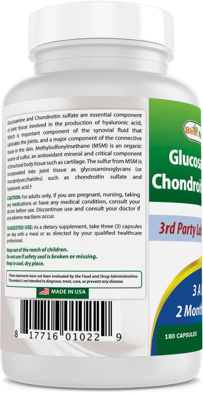 Best Naturals Glucosamin Chondroitin MSM (Non-GMO) – Fördert die Gelenkgesundheit – 180 Kapseln