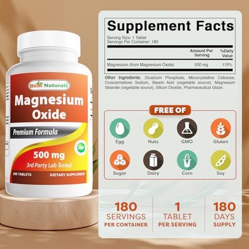 Best Naturals Magnesiumoxid 500 mg – 180 Tabletten, Mineralstoff Nahrungsergänzung