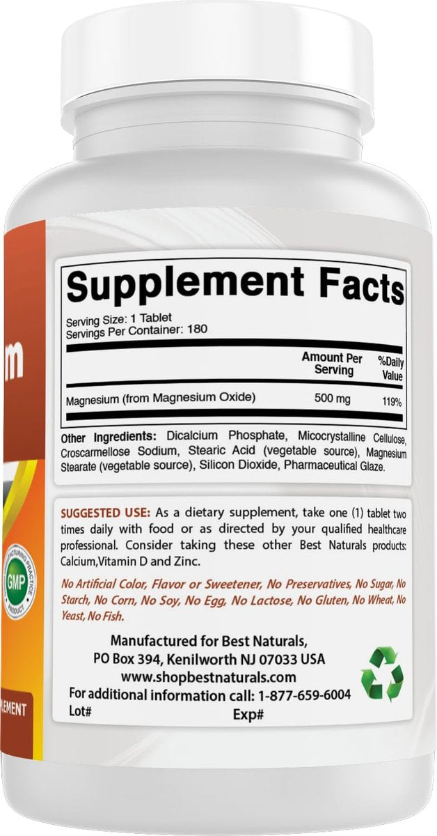 Best Naturals Magnesiumoxid 500 mg – 180 Tabletten, Mineralstoff Nahrungsergänzung