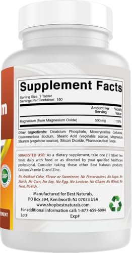 Best Naturals Magnesiumoxid 500 mg – 180 Tabletten, Mineralstoff Nahrungsergänzung