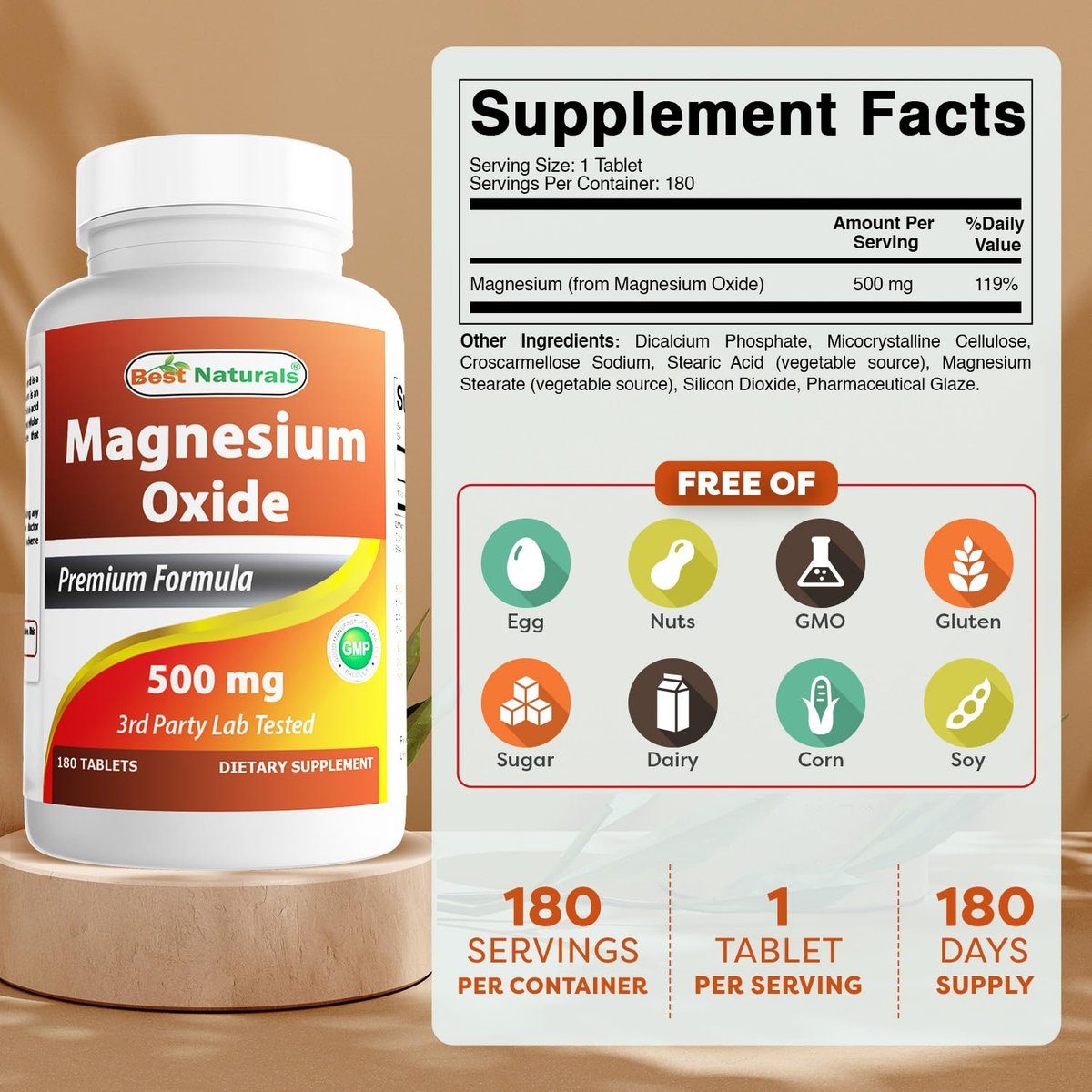 Best Naturals Magnesiumoxid 500 mg – 180 Tabletten, Mineralstoff Nahrungsergänzung