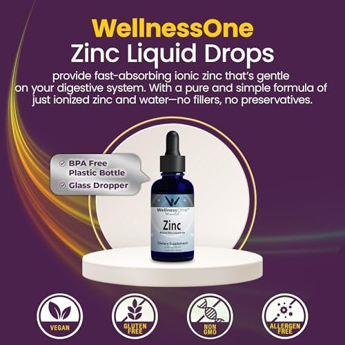 WellnessOne Ionische Flüssig-Zinktropfen zur Immununterstützung – Hoch absorbierbares Zinkpräparat für Kinder & Erwachsene – USA-getestet, vegan, nicht-GVO, glutenfrei, 1,67 fl oz