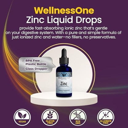 WellnessOne Ionische Flüssig-Zinktropfen zur Immununterstützung – Hoch absorbierbares Zinkpräparat für Kinder & Erwachsene – USA-getestet, vegan, nicht-GVO, glutenfrei, 1,67 fl oz