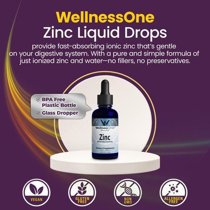 WellnessOne Ionische Flüssig-Zinktropfen zur Immununterstützung – Hoch absorbierbares Zinkpräparat für Kinder & Erwachsene – USA-getestet, vegan, nicht-GVO, glutenfrei, 1,67 fl oz