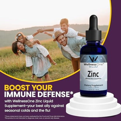 WellnessOne Ionische Flüssig-Zinktropfen zur Immununterstützung – Hoch absorbierbares Zinkpräparat für Kinder & Erwachsene – USA-getestet, vegan, nicht-GVO, glutenfrei, 1,67 fl oz
