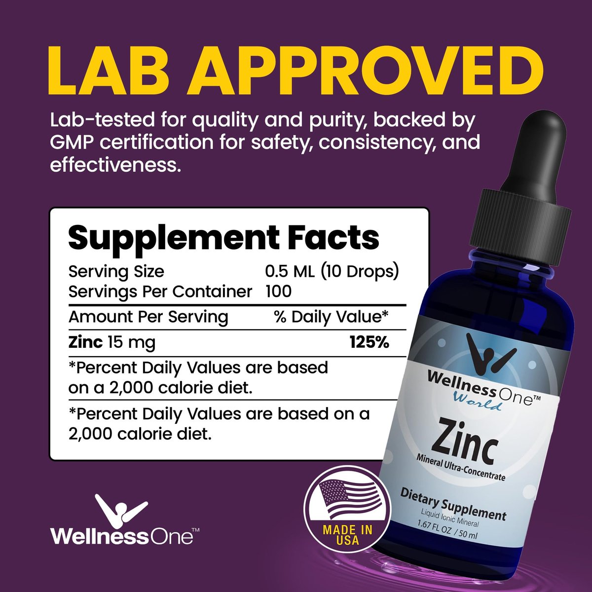 WellnessOne Ionische Flüssig-Zinktropfen zur Immununterstützung – Hoch absorbierbares Zinkpräparat für Kinder & Erwachsene – USA-getestet, vegan, nicht-GVO, glutenfrei, 1,67 fl oz