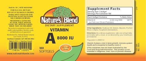 Nature's Blend Vitamin A 8000 IE 100 Weichkapseln – Unterstützt Sehkraft und Immunsystem