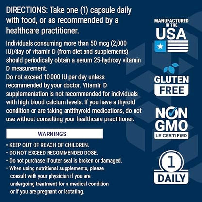 Life Extension Vitamin D3 mit Sea-Iodine™, 125 mcg (5000 IE) – Unterstützung für Immunsystem, Knochengesundheit und Schilddrüse – 1 Kapsel täglich, glutenfrei, nicht-GVO – 60 Kapseln