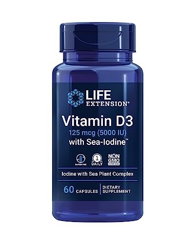 Life Extension Vitamin D3 mit Sea-Iodine™, 125 mcg (5000 IE) – Unterstützung für Immunsystem, Knochengesundheit und Schilddrüse – 1 Kapsel täglich, glutenfrei, nicht-GVO – 60 Kapseln