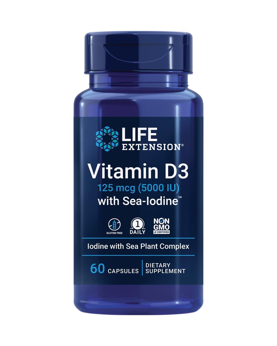 Life Extension Vitamin D3 mit Sea-Iodine™, 125 mcg (5000 IE) – Unterstützung für Immunsystem, Knochengesundheit und Schilddrüse – 1 Kapsel täglich, glutenfrei, nicht-GVO – 60 Kapseln