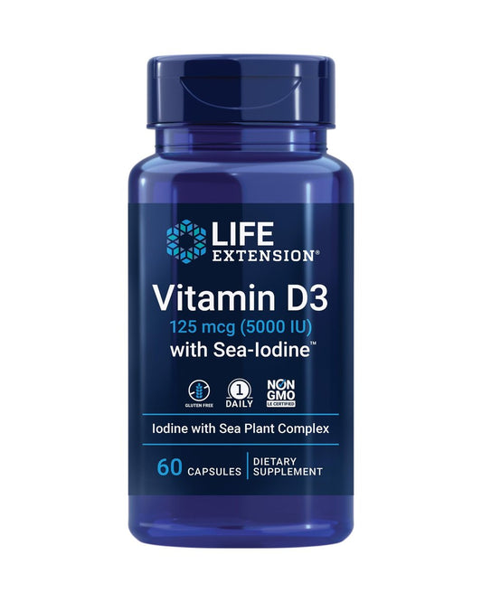 Life Extension Vitamin D3 mit Sea-Iodine™, 125 mcg (5000 IE) – Unterstützung für Immunsystem, Knochengesundheit und Schilddrüse – 1 Kapsel täglich, glutenfrei, nicht-GVO – 60 Kapseln