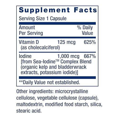 Life Extension Vitamin D3 mit Sea-Iodine™, 125 mcg (5000 IE) – Unterstützung für Immunsystem, Knochengesundheit und Schilddrüse – 1 Kapsel täglich, glutenfrei, nicht-GVO – 60 Kapseln