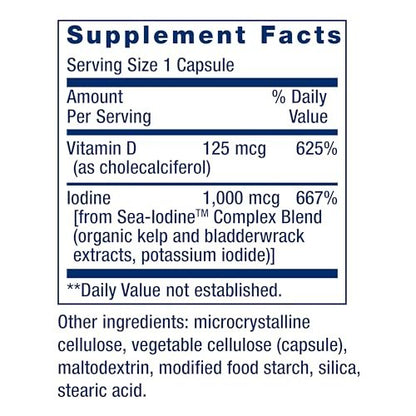 Life Extension Vitamin D3 mit Sea-Iodine™, 125 mcg (5000 IE) – Unterstützung für Immunsystem, Knochengesundheit und Schilddrüse – 1 Kapsel täglich, glutenfrei, nicht-GVO – 60 Kapseln