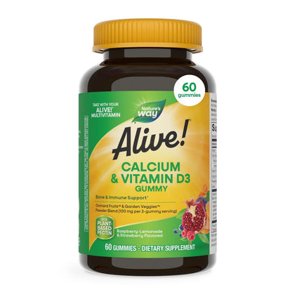 Nature's Way Alive! Kalzium Gummibärchen mit Vitamin D3 – 60 Stück, Erdbeer- und Himbeer-Zitronen-Geschmack