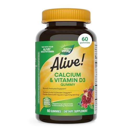 Nature's Way Alive! Kalzium Gummibärchen mit Vitamin D3 – 60 Stück, Erdbeer- und Himbeer-Zitronen-Geschmack