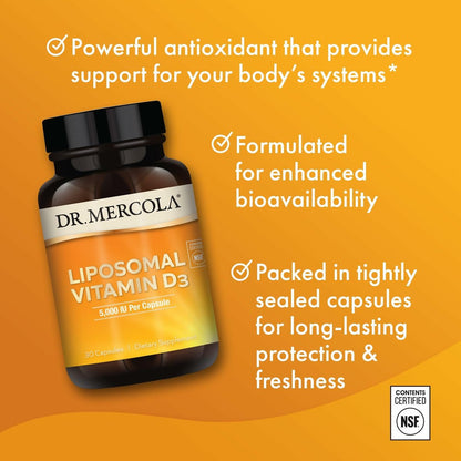 Dr. Mercola Liposomales Vitamin D3 – Unterstützt Herz-, Knochen- und Immungesundheit – 5.000 IE pro Portion – Non-GMO, Sojafrei & Glutenfrei – 30 Kapseln (30 Portionen)