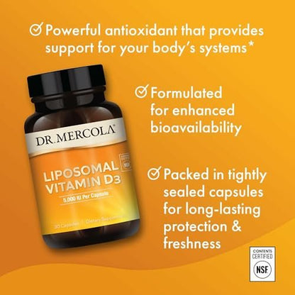 Dr. Mercola Liposomales Vitamin D3 – Unterstützt Herz-, Knochen- und Immungesundheit – 5.000 IE pro Portion – Non-GMO, Sojafrei & Glutenfrei – 30 Kapseln (30 Portionen)