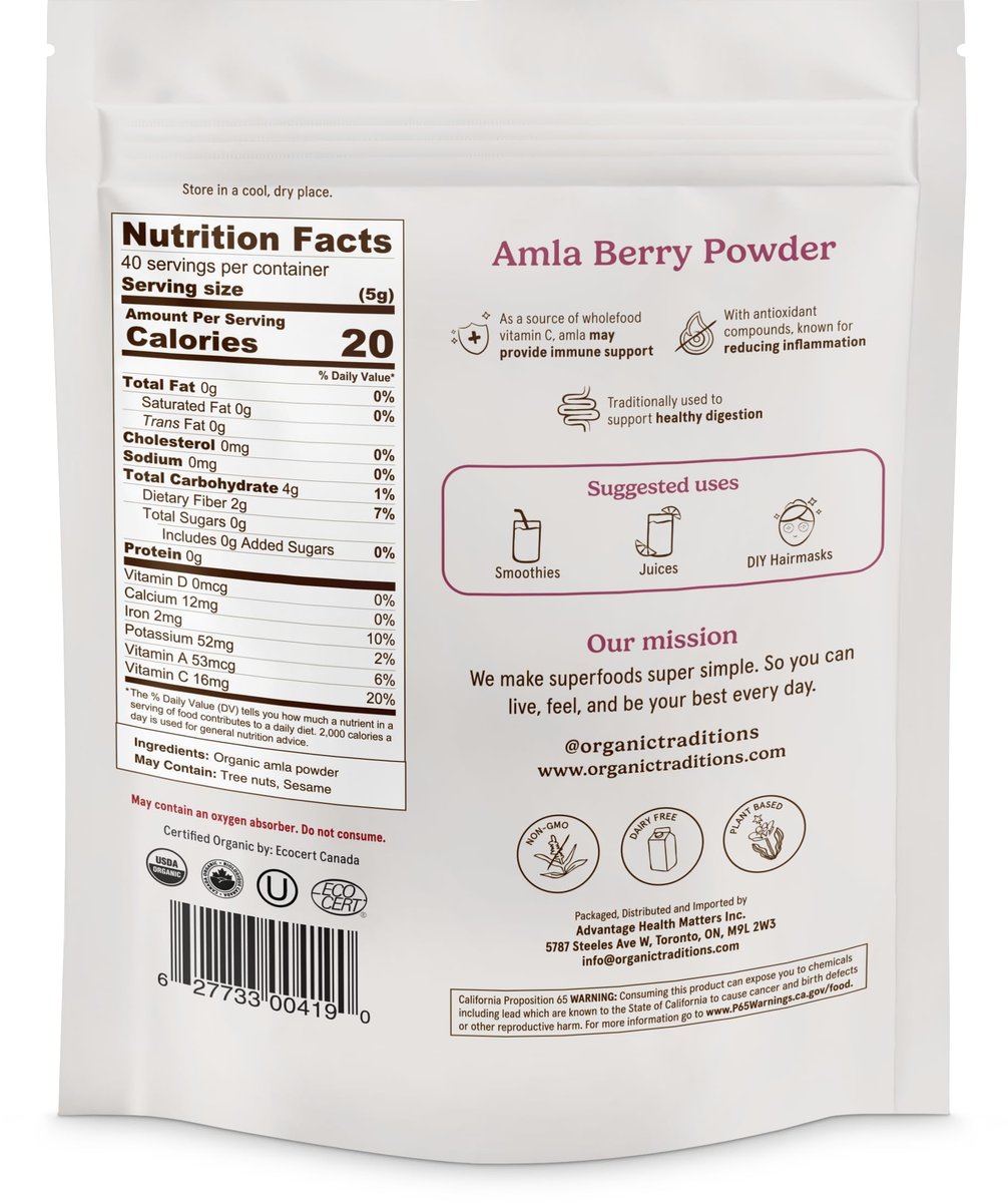 Organic Traditions Amla Pulver – Bio Amla aus indischer Stachelbeere, ganzheitliches Vitamin-C-Fruchtpulver für Smoothies, Säfte und Rezepte, Superfood, pflanzlich, nicht gentechnisch verändert, 200 g / 7 oz Beutel