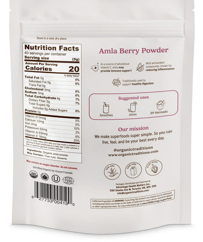 Organic Traditions Amla Pulver – Bio Amla aus indischer Stachelbeere, ganzheitliches Vitamin-C-Fruchtpulver für Smoothies, Säfte und Rezepte, Superfood, pflanzlich, nicht gentechnisch verändert, 200 g / 7 oz Beutel