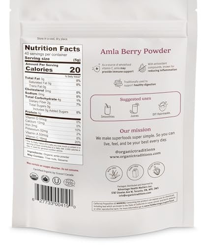 Organic Traditions Amla Pulver – Bio Amla aus indischer Stachelbeere, ganzheitliches Vitamin-C-Fruchtpulver für Smoothies, Säfte und Rezepte, Superfood, pflanzlich, nicht gentechnisch verändert, 200 g / 7 oz Beutel