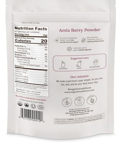 Organic Traditions Amla Pulver – Bio Amla aus indischer Stachelbeere, ganzheitliches Vitamin-C-Fruchtpulver für Smoothies, Säfte und Rezepte, Superfood, pflanzlich, nicht gentechnisch verändert, 200 g / 7 oz Beutel