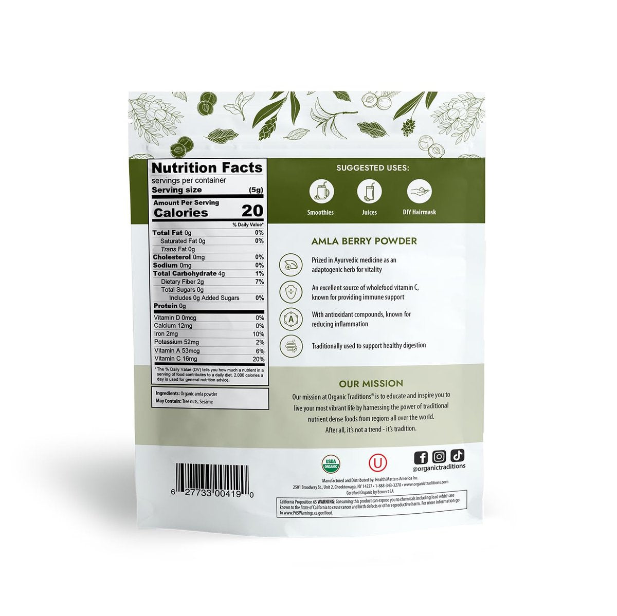 Organic Traditions Amla Pulver – Bio Amla aus indischer Stachelbeere, ganzheitliches Vitamin-C-Fruchtpulver für Smoothies, Säfte und Rezepte, Superfood, pflanzlich, nicht gentechnisch verändert, 200 g / 7 oz Beutel