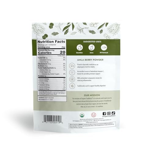 Organic Traditions Amla Pulver – Bio Amla aus indischer Stachelbeere, ganzheitliches Vitamin-C-Fruchtpulver für Smoothies, Säfte und Rezepte, Superfood, pflanzlich, nicht gentechnisch verändert, 200 g / 7 oz Beutel