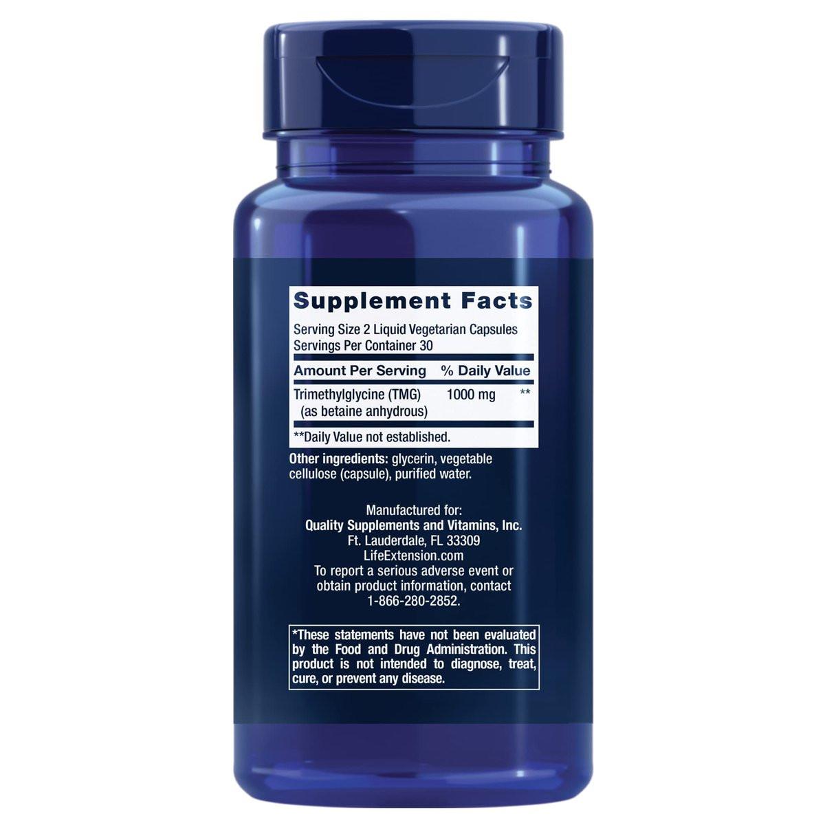 Life Extension TMG – Trimethylglycin für gesunde Homocystein-Werte, Non-GMO, glutenfrei, vegetarisch, 60 Kapseln