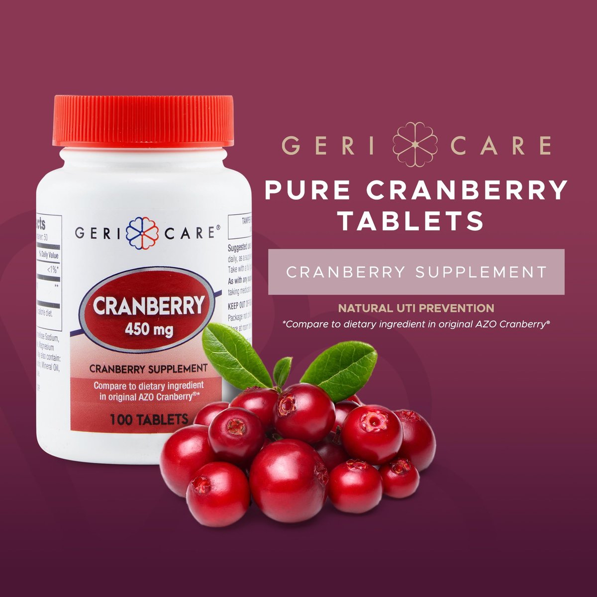 Hochdosiertes Cranberry-Präparat von GeriCare – 450 mg reine Cranberry-Tabletten für die Gesundheit der Harnwege – Natürliche UTI-Prävention für Männer & Frauen – GMO-, gluten- und milchfreies Cranberry-Konzentrat [100 Stück]