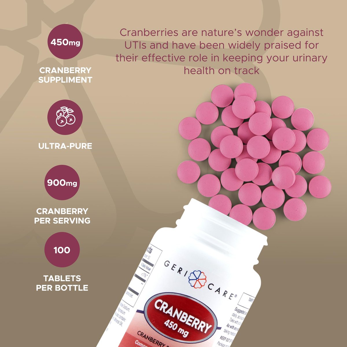 Hochdosiertes Cranberry-Präparat von GeriCare – 450 mg reine Cranberry-Tabletten für die Gesundheit der Harnwege – Natürliche UTI-Prävention für Männer & Frauen – GMO-, gluten- und milchfreies Cranberry-Konzentrat [100 Stück]