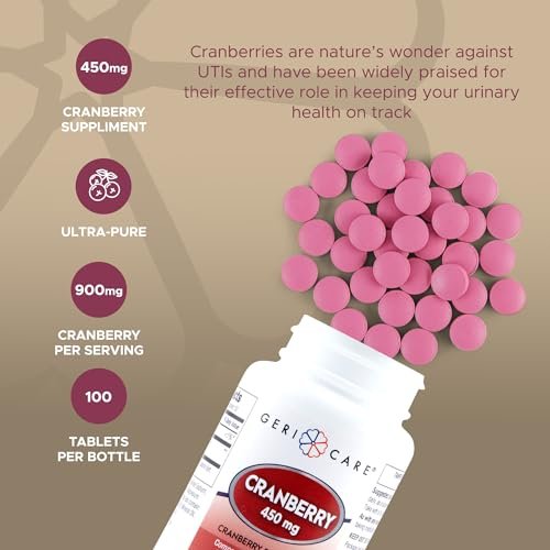Hochdosiertes Cranberry-Präparat von GeriCare – 450 mg reine Cranberry-Tabletten für die Gesundheit der Harnwege – Natürliche UTI-Prävention für Männer & Frauen – GMO-, gluten- und milchfreies Cranberry-Konzentrat [100 Stück]