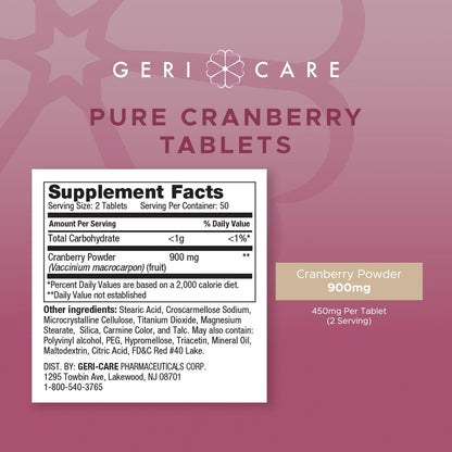 Hochdosiertes Cranberry-Präparat von GeriCare – 450 mg reine Cranberry-Tabletten für die Gesundheit der Harnwege – Natürliche UTI-Prävention für Männer & Frauen – GMO-, gluten- und milchfreies Cranberry-Konzentrat [100 Stück]
