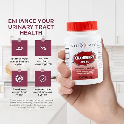 Hochdosiertes Cranberry-Präparat von GeriCare – 450 mg reine Cranberry-Tabletten für die Gesundheit der Harnwege – Natürliche UTI-Prävention für Männer & Frauen – GMO-, gluten- und milchfreies Cranberry-Konzentrat [100 Stück]