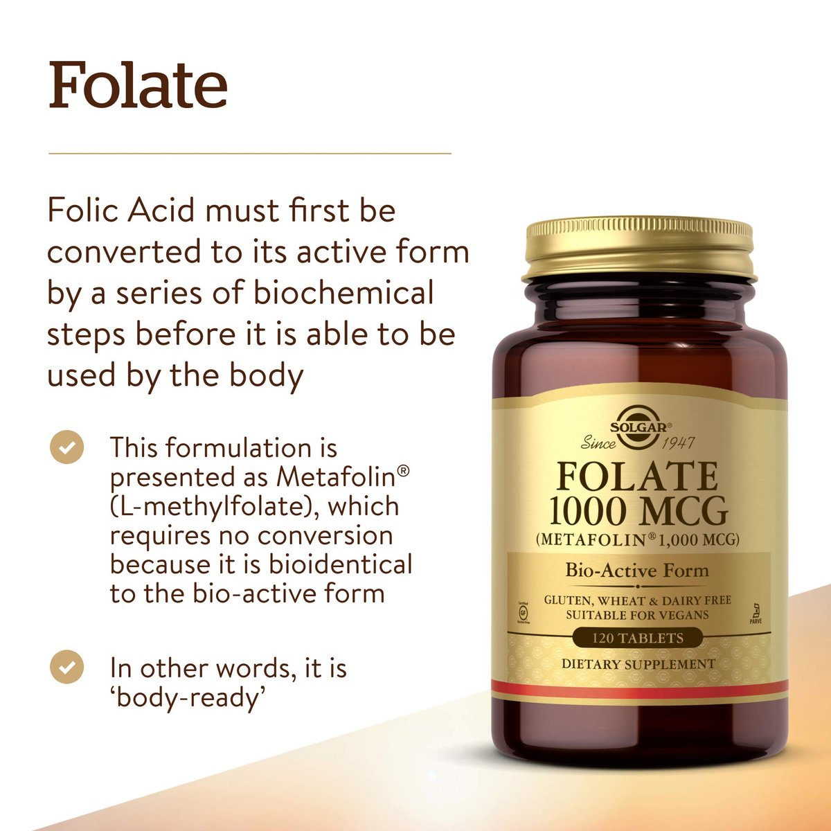 Solgar Folat 1000 mcg, 120 Tabletten - Bio-aktives Metafolin - Vegan, Glutenfrei, Laktosefrei, Koscher - 120 Portionen