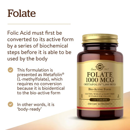 Solgar Folat 1000 mcg, 120 Tabletten - Bio-aktives Metafolin - Vegan, Glutenfrei, Laktosefrei, Koscher - 120 Portionen