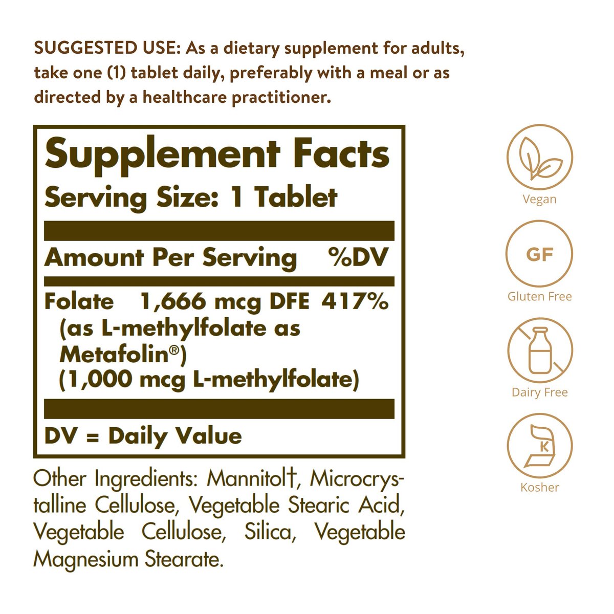 Solgar Folat 1000 mcg, 120 Tabletten - Bio-aktives Metafolin - Vegan, Glutenfrei, Laktosefrei, Koscher - 120 Portionen